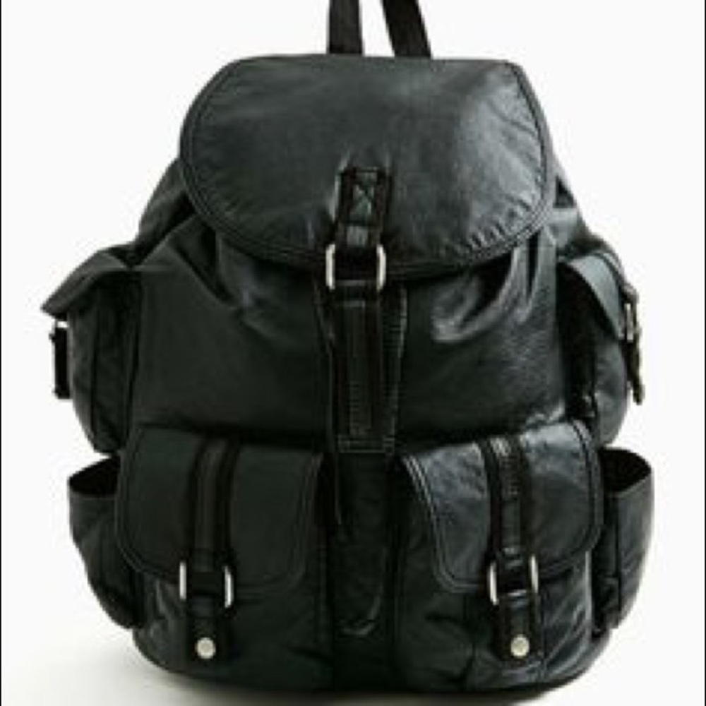 Black faux leather backpack